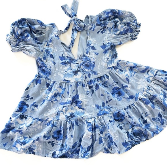Altar’d State Women Small Blue Linen Blend Floral Tiered Puff Sleeve Mini Dress - Picture 6 of 8